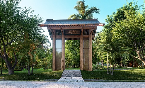 New Chinese Courtyard Door Garden Door Wooden Door 3d model