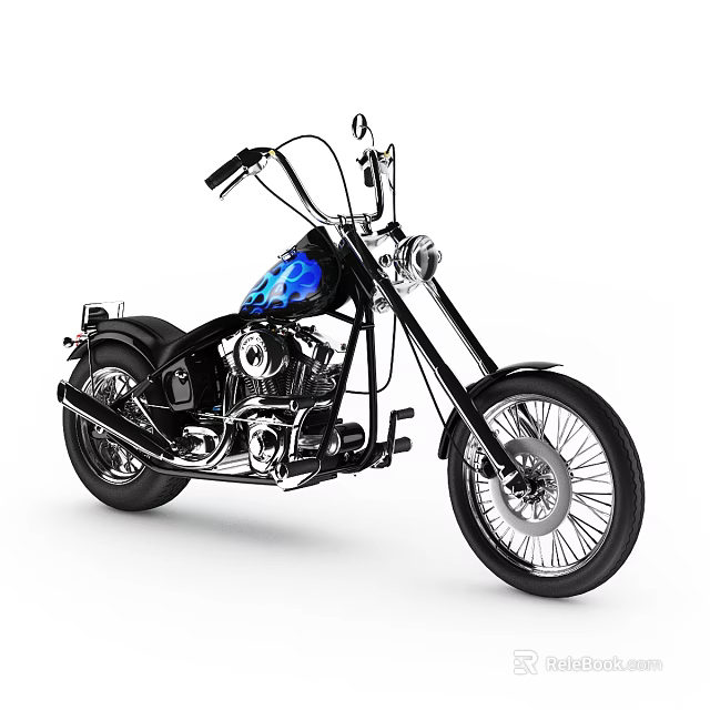 Custom Classic Motorcycle With Blue Flame Graphics Black Body Chrome Parts And Spoke Wheels 3d model 