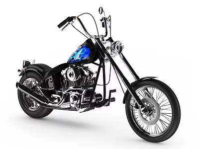Custom Classic Motorcycle With Blue Flame Graphics Black Body Chrome Parts And Spoke Wheels 3d model