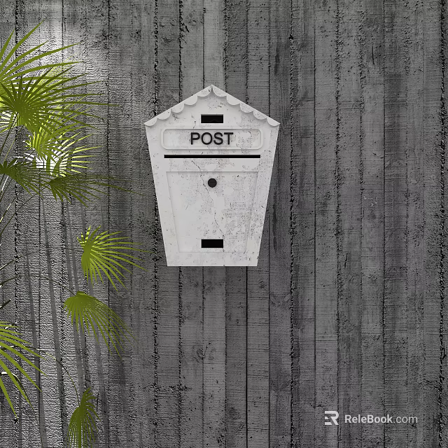 White House Shaped Public Facility Mailbox on Wooden Wall With POST Sign and Green Leaves 3d model 