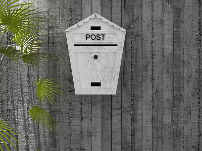 White House Shaped Public Facility Mailbox on Wooden Wall With POST Sign and Green Leaves 3d model