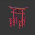 Traditional Japanese Torii Gate Architecture With Red Wooden Structure Green Roof And Decorative Beams