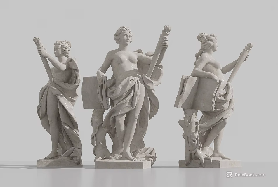Elegant Classical Female Sculpture Carving With Scroll Holding Postures And Artistic Details 3d model 
