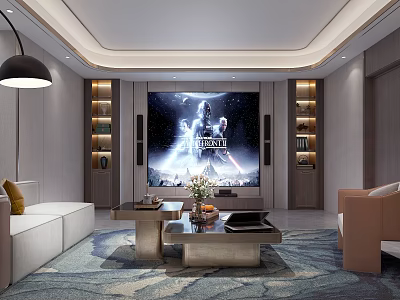 Home Theater Room Interior With Large Screen TV Surround Sound Speakers And Comfortable Sofas 3d model