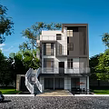 Modern Detached Villa Exterior Design With Black White Facade Large Glass Windows And Green Trees