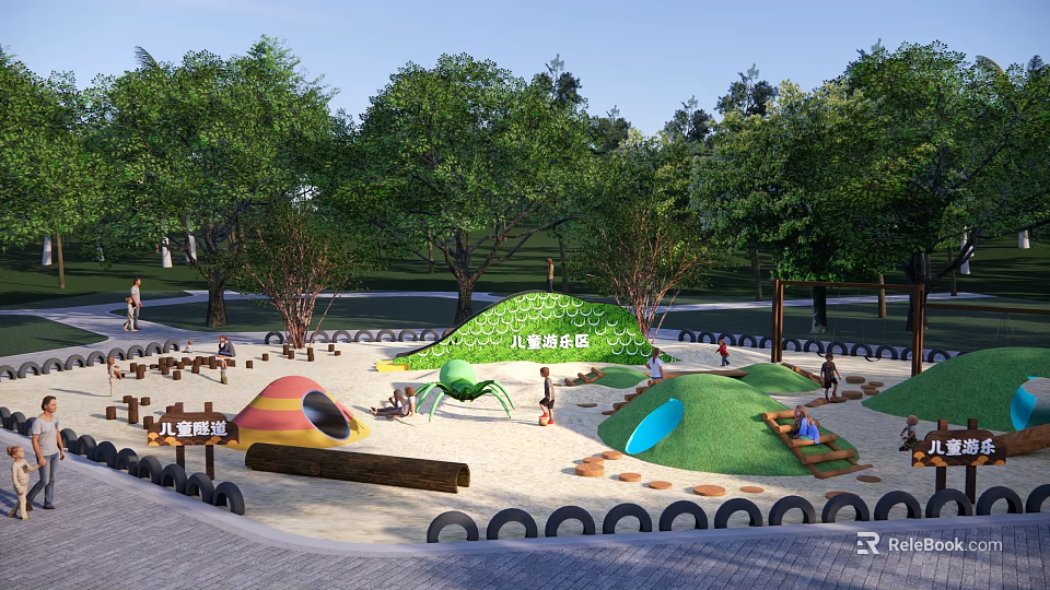 Children's Playground With Sand Area Green Climbing Structure Tire Enclosed Colorful Huts Under Trees 3d model 