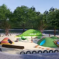 Children's Playground With Sand Area Green Climbing Structure Tire Enclosed Colorful Huts Under Trees