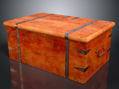 Orange Vintage Wooden Chest With Textured Surface Metal Straps And Handle 3d model