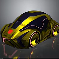 Futuristic Yellow And Blue Car With Red Emblem Pink Rim Lights And Reflective Surface