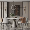 Modern Dining Table Set with Round Marble Top Upholstered Chairs and Pendant Light 3d model