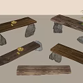 Rustic Wooden Console Tables With Stone Supports And Small Decorative Ornaments