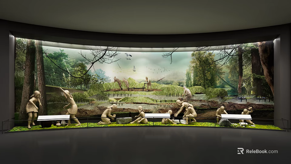 Exhibition Hall With Curved Large Screen Displaying Forest Scene And Sculpture Figures On Grassland 3d model 