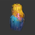 Woman With Vibrant Yellow And Orange Hair Wearing Blue Top Against Gray Background