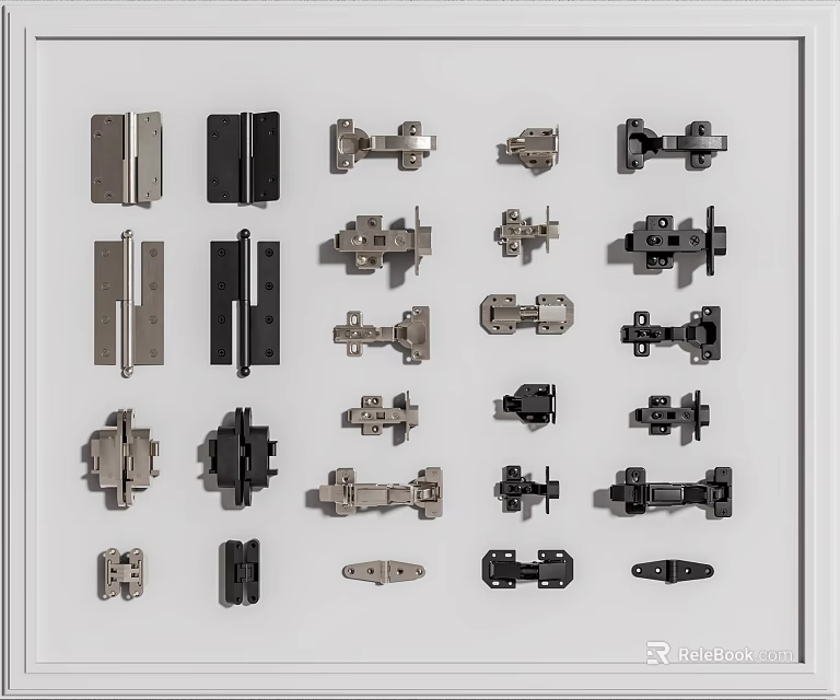 Various Metal Hinges And Furniture Hardware Components For Doors And Cabinets 3d model 