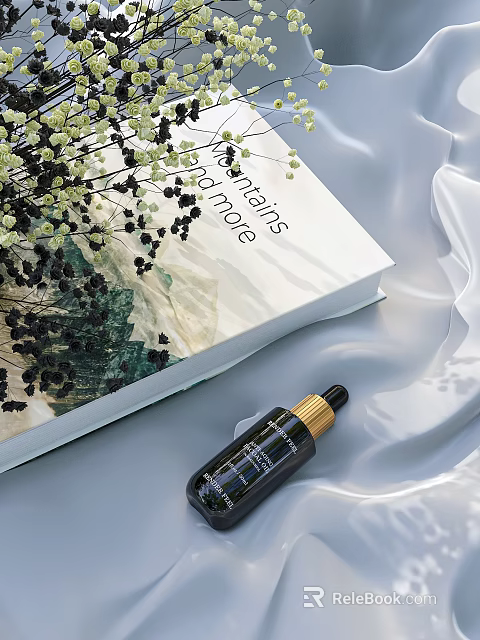 Elegant Cosmetic Serum With Open Book And Botanical Decor On Soft Fabric Background 3d model 