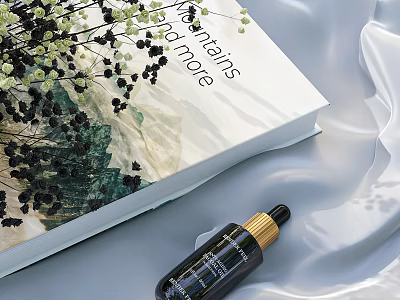Elegant Cosmetic Serum With Open Book And Botanical Decor On Soft Fabric Background 3d model