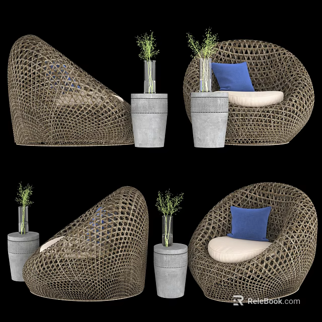 Woven Rattan Leisure Chair With Blue Cushion And Green Plant In Concrete Planter 3d model 