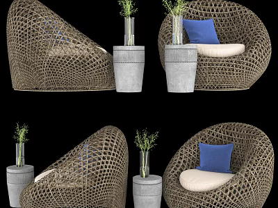 Woven Rattan Leisure Chair With Blue Cushion And Green Plant In Concrete Planter 3d model