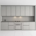 Modern Style Kitchen With Gray White Upper Lower Cabinets Black Oven Light Colored Countertop