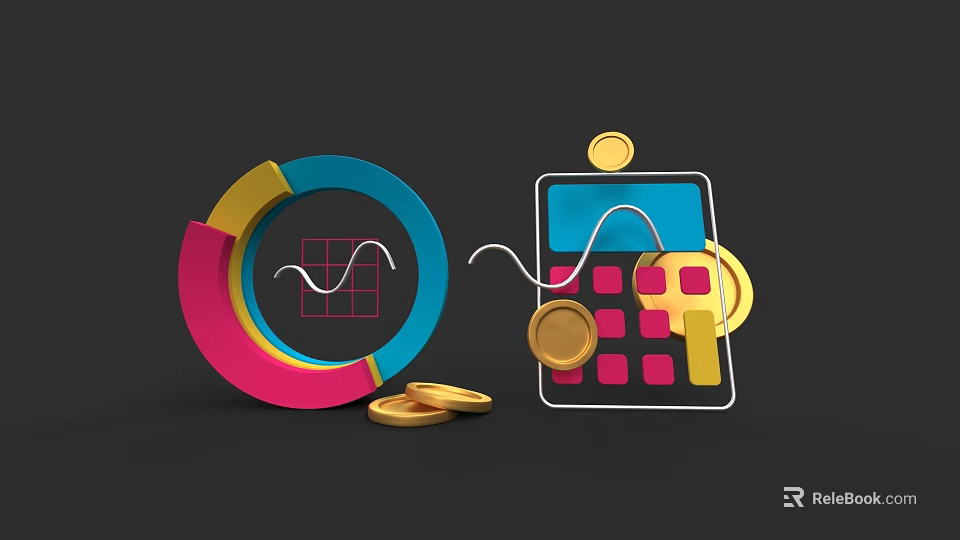 Data Visualization Tools With Pie Chart Line Graph Calculator And Coins 3d model 