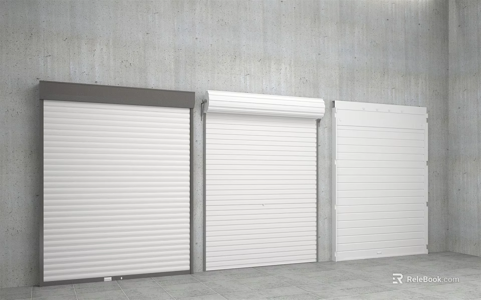 Different Colored Modern Roller Doors With Concrete Wall And Gray Floor 3d model 
