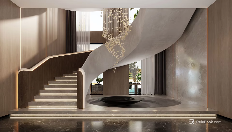 Elegant Modern Interior Hall With Curved Staircase Crystal Chandelier And Marble Floor 3d model 