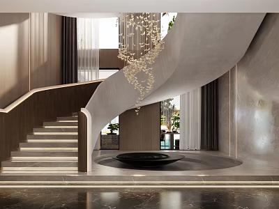 Elegant Modern Interior Hall With Curved Staircase Crystal Chandelier And Marble Floor 3d model
