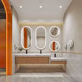 Modern Public Restroom Design With Gray Marble Walls Orange Cubicle Doors And Green Plants