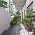 Traditional Chinese Teahouse Interior With Wooden Table Lattice Screens Green Plants And Hanging Scrolls