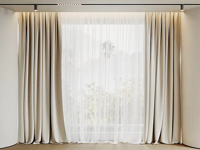 Beige Layered Curtains With Sheer Panels And Palm Tree View Through Window 3d model