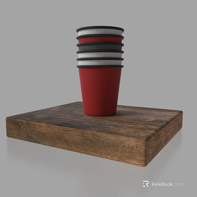 Red Cup With Black Gray Stripes Stacked On Wooden Tray 3d model 