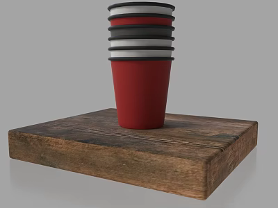 Red Cup With Black Gray Stripes Stacked On Wooden Tray 3d model