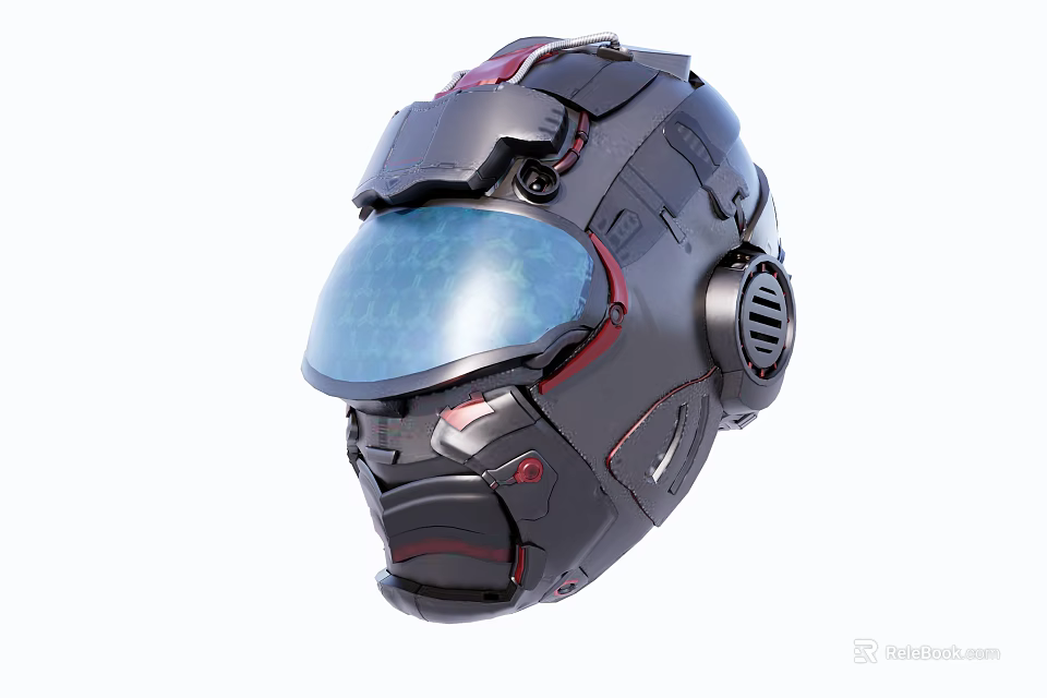 Futuristic Mechanical Helmet With Blue Visor Black Armor And Red Accents Design 3d model 