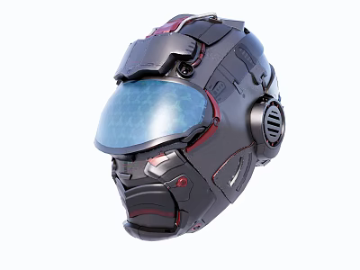 Futuristic Mechanical Helmet With Blue Visor Black Armor And Red Accents Design 3d model