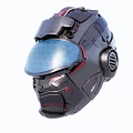 Futuristic Mechanical Helmet With Blue Visor Black Armor And Red Accents Design