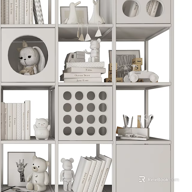 White Open Shelf Bookcase With Stuffed Toys Books And Dot Grid Storage 3d model 