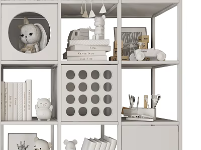 White Open Shelf Bookcase With Stuffed Toys Books And Dot Grid Storage 3d model