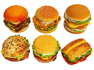 Assorted Hamburgers With Diverse Toppings Fresh Ingredients Different Patty Types And Sesame Buns 3d model