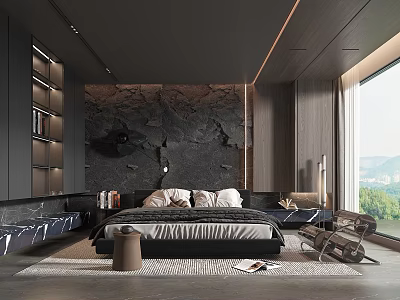 Modern Bedroom Interior With Black Stone Wall Dark Wooden Cabinets And Large Window 3d model
