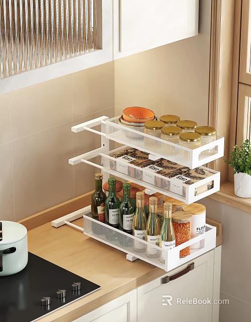 White Tiered Drawer Organizer With Glass Spice Jars On Kitchen Counter 3d model 