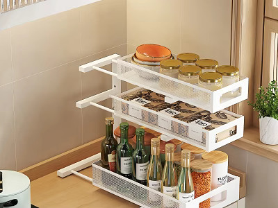 White Tiered Drawer Organizer With Glass Spice Jars On Kitchen Counter 3d model