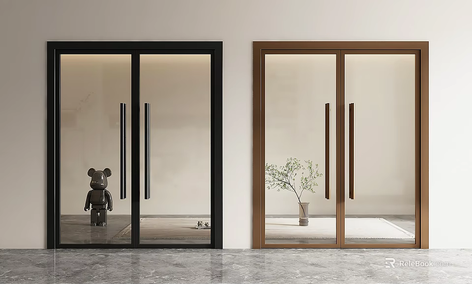 Modern Glass Double Doors with Black and Brown Frames and Decorative Elements 3d model