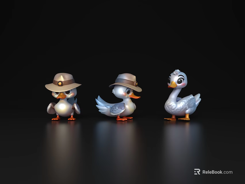 Three Cute Silver Duck Figurines Wearing Hats Standing on Black Background 3d model 