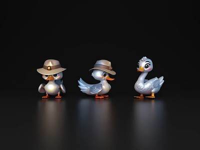 Three Cute Silver Duck Figurines Wearing Hats Standing on Black Background 3d model