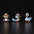 Three Cute Silver Duck Figurines Wearing Hats Standing on Black Background
