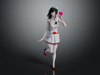 Game Movie Character Wearing White Nurse Outfit with Red Accents Black Hair Holding Red Heart 3d model