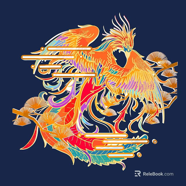 Vibrant Traditional Wall Decor With Phoenix Motif And Pine Branches 3d model 