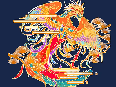 Vibrant Traditional Wall Decor With Phoenix Motif And Pine Branches 3d model