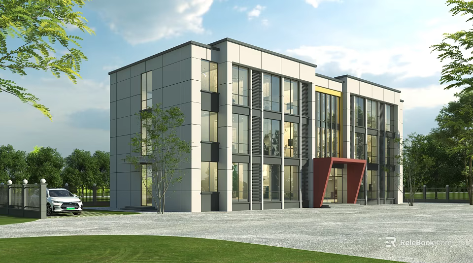 Modern Office Building With Large Glass Windows Gray Exterior Red Entrance And Green Lawn 3d model 