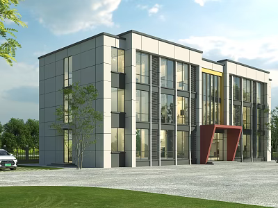 Modern Office Building With Large Glass Windows Gray Exterior Red Entrance And Green Lawn 3d model
